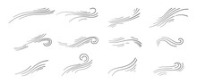 Doodle Blowing Wind. Hand Drawn Air Wave Icon. Outline Wind Movement Symbol Isolated On White Background. Climate Sketch Element. Vector Decorative Dash Lines In The Shape Of A Curve.
