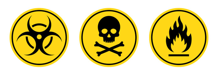 Wall Mural - danger toxic, poison, toxic, biohazard caution sign set. skull, virus, chemical danger yellow symbol