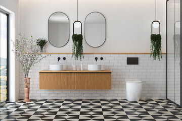 Realistic render of white sink on a wooden countertop in a bathroom interior with tiles, mirror and plants. 3d rendering
