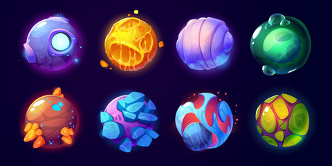 Wall Mural - Fantasy alien planets for ui space game. Vector cartoon icons set of magic fantastic world, cosmic objects different colors with bubbles, cracks and rocks. Cute planets and moons collection