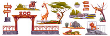 Zoo Landscape Elements, Cartoon Vector Set, Entrance With Wooden Arch, Fence And African Animals. Zoological Park Collection With Wood Arrows Pointers On Pole, Pond With Hippo And Green Plants