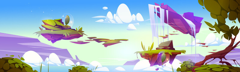 Wall Mural - game background with fantasy landscape with floating islands and items. vector cartoon illustration 