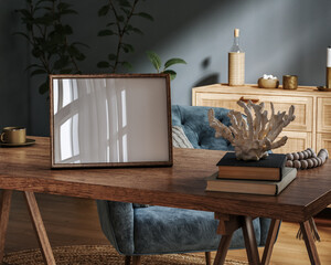 Frame mockup, vintage home office interior background, 3d render