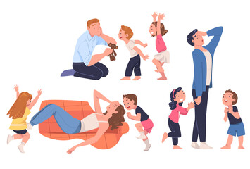 Sticker - Tired Parents Exhausted with Noisy and Energetic Kids Playing Around Vector Set