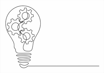 Wall Mural - Continuous one single line drawing innovation Light bulb and gears inside icon vector illustration concept