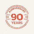 © metelsky25 - 90th Anniversary logo or icon. 90 years round stamp design with grunge, rough texture. Birthday celebrating, jubilee circle badge or label template. Vector illustration.