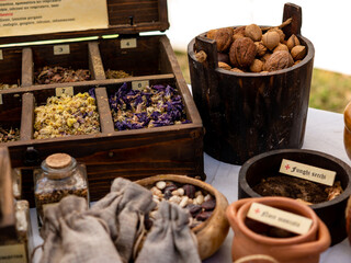 medieval apothecary's table with various herbs and spices