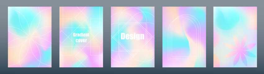 Poster - Set of blue pink blurred backgrounds with modern abstract soft pastel color gradient patterns.  Minimalist style cover templates collection with geometric shapes, colorful and liquid color. Vector