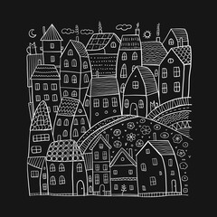 Poster - Childish town street landscape with houses on road. Cute city in scandinavian style. Cartoon village buildings vector background. Illustration of town childish street with buildings