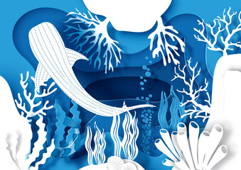 Wall Mural - Card and poster scene of under the sea and ocean in layers paper cut style and vector design with white whale shark.