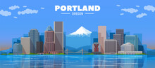Portland Skyline Vector Illustration. Travel And Tourism Background. Vector Blue And Mountain Background. Line And Flat Illustration.