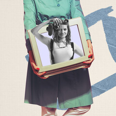 Wall Mural - Contemporary art collage. Stylish girl sticking out retro computer screen and making photo with vintage photo camera