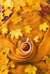 Wall Mural - Autumn concept - brown sweater in yellow autumn maple leaves with a cup of lemon tea