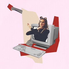 Wall Mural - Contemporary art collage. Stylish woman sticking out computer monitor with forbid gesture. Stop fakes
