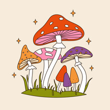 60s And 70s Vibes Psychedelic Clipart. Retro Groovy Mushrooms Vector. Cartoon Hippie Mystic Forest Elements. Vintage Boho Illustration. Abstract Trippy Art