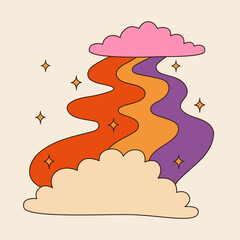 Retro groovy clouds with rainbow path. 60s and 70s vibes psychedelic vector clipart. Cartoon hippie sky. Vintage boho illustration. Abstract trippy art