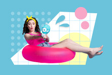 Magazine Creative Poster Collage Of Childish Young Pin Up Lady Swimming Float Toy Ring Shooting Water Gun You