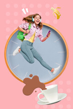Vertical Collage Portrait Of Jumping Overjoyed Kid Girl Listen Music Hold Telephone Big Clock Drawing Banana Coffee Cup