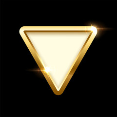 Wall Mural - white button in triangle gold frame vector illustration. 3d realistic shiny metal golden object on p