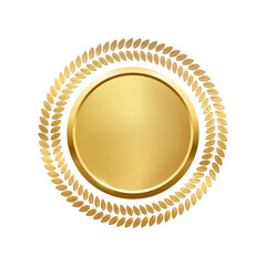 Wall Mural - 3d gold medallion and circular decoration from laurel leaves vector illustration. realistic golden r