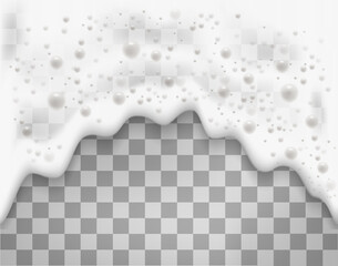 Wall Mural - Bath foam or beer foam with bubblies isolated on transparent background. White soap froth texture with bubbles. Vector