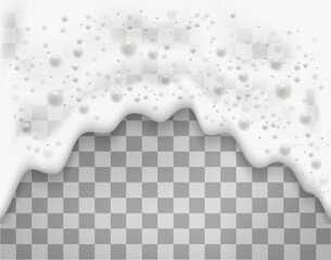 Poster - Bath foam or beer foam with bubblies isolated on transparent background. White soap froth texture with bubbles. Vector