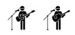 © MarkRademaker - Stickman, stick figure man singer with microphone. Musician, guitar player or guitaris Cartoon bass, acoustic, ryock electric, guitars headstock. Music silhouette Vector guitars icon or logo.