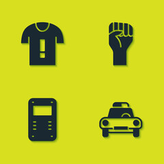 Sticker - Set T-shirt protest, Police car and flasher, assault shield and Raised hand with clenched fist icon. Vector