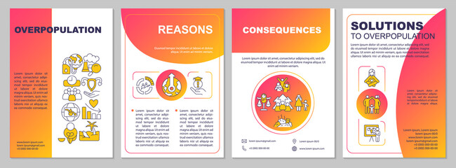 Overpopulation red gradient brochure template. Problem and solutions. Leaflet design with linear icons. 4 vector layouts for presentation, annual reports. Arial-Black, Myriad Pro-Regular fonts used