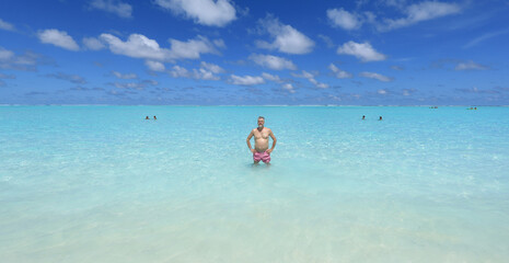 Sticker - one man on a tropical island with white sand in the ocean