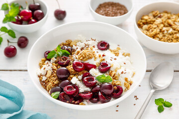 Sticker - Sour cherry granola with cottage cheese and yogurt. Healthy food, diet breakfast