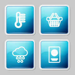 Sticker - Set line Thermometer, Shopping basket, Cloud with rain and Passport icon. Vector