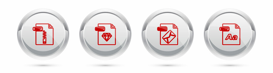 Set line ZIP file document, RUBY, MSG and OTF. Silver circle button. Vector