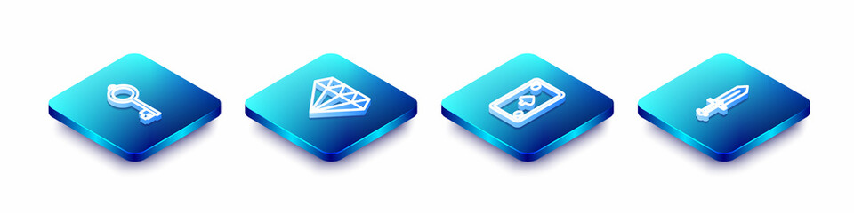 Poster - Set Isometric line Ancient key for game, Diamond, Playing card with diamonds and Sword icon. Vector