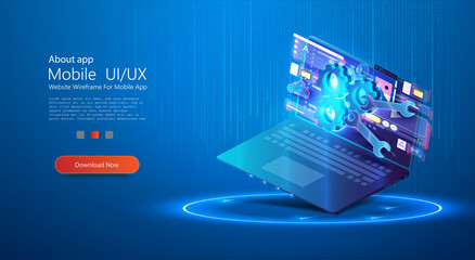 Poster - Technical support. Remote access and control of the laptop via an Internet connection. Technical support around the world. Modern illustration in isometric style. Computer technology concept. Vector