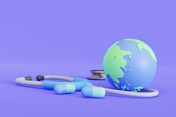 Our planet, our health. World Health Day. World health day with doctor stethoscope. 3D  illustration