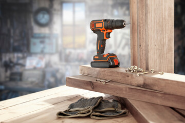 Wall Mural - screwdriver on table and interior of workshop. empty space for your decoration.