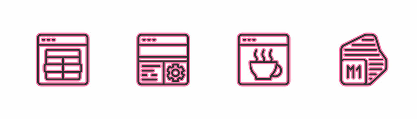 Set line MySQL code, Software, Debugging and Processor icon. Vector
