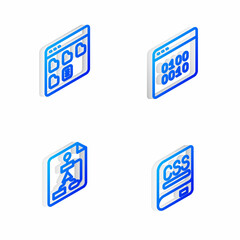 Set Isometric line Binary code, Browser files, Flowchart and Books about programming icon. Vector