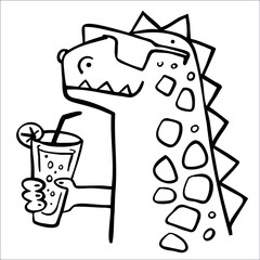Wall Mural - Сut dragon with a cocktail in hand isolated on white. Vector illustration. Perfect for print, coloring book, greeting card.