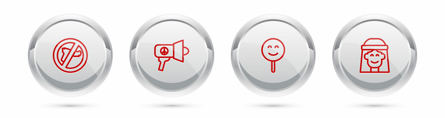 Poster - Set line No war, Megaphone, Smile face and Hippie girl. Silver circle button. Vector