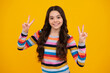 © Olena - Happy teenager, positive and smiling emotions of teen girl. Cute teen girl showing fingers doing victory sign. Number two, v sign, peace strength fight or victory symbol and letter v.