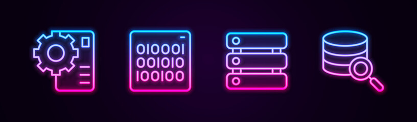 Set line Neural network, Binary code, Server, Data and . Glowing neon icon. Vector