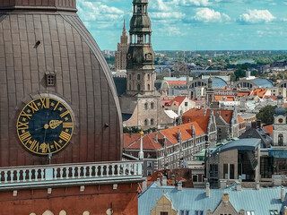 Aerial view of the Riga old town in Latvia. Beautiful historical buildings and Domes cathedral. Summer in Riga.