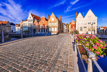 Poster - Bruges, Belgium. Beautiful Spiegelrei Canal houses, Flanders famous city.