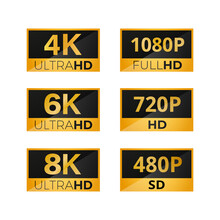 Set Of Video Dimensions SD, HD, FHD, 4K, 6K, 8K. Set Of Video Resolution Isolated On White Background. Vector Stock