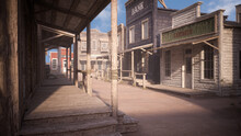 Dusty Street In An Old Wild West Town With Boardwalk, Gunsmith Store And Bank In Late Afternoon Sunlight. Photo Realistic 3D Illustration.