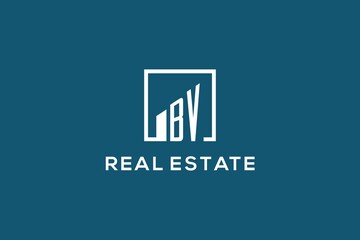 Letter BV square line with building logo design, creative monogram logo style for real estate company