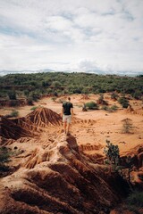 Poster - Vertical shot of a male on the rock in The Tatacoa Desert or Valley of Sorrows in Huila, Colombia