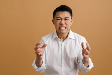 Mid asian man wearing shirt grimacing while gesturing at camera